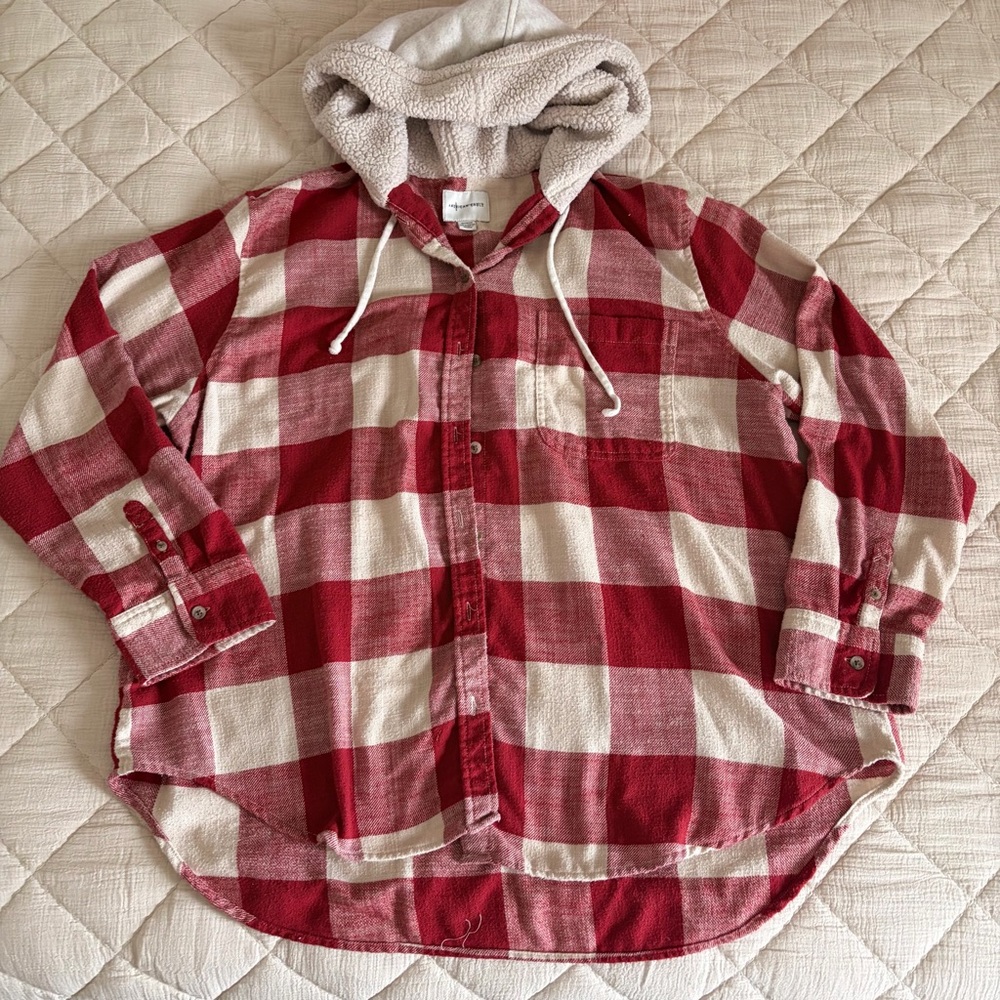 American Eagle Outfitters Red and White Checkered Hoodie Shirt